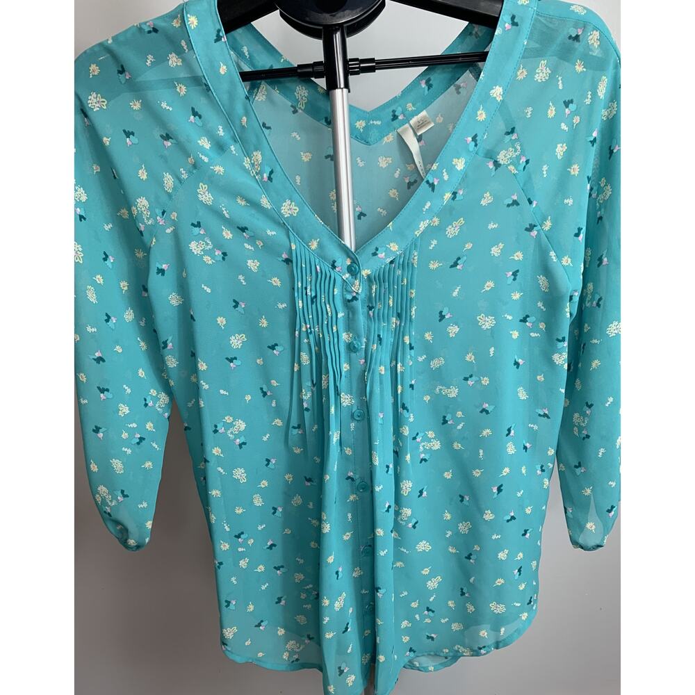Lauren Conrad 3/4 Sleeve, V-neck, Floral Blouse Women's XS Teal